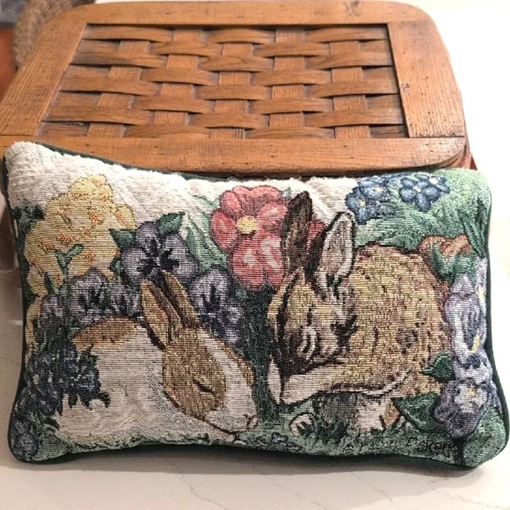 Vintage Floral Bunny Tapestry Accent Pillow Signed Linda Picken